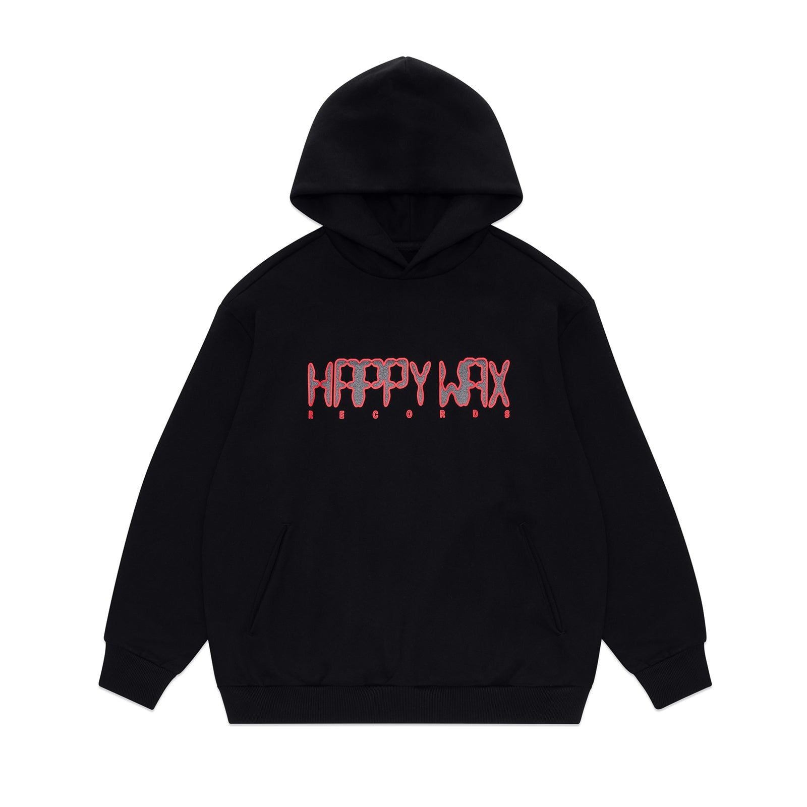 A black pullover hoodie with a red 'HAPPY WAX' graphic printed across the chest