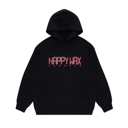 A black pullover hoodie with a red 'HAPPY WAX' graphic printed across the chest